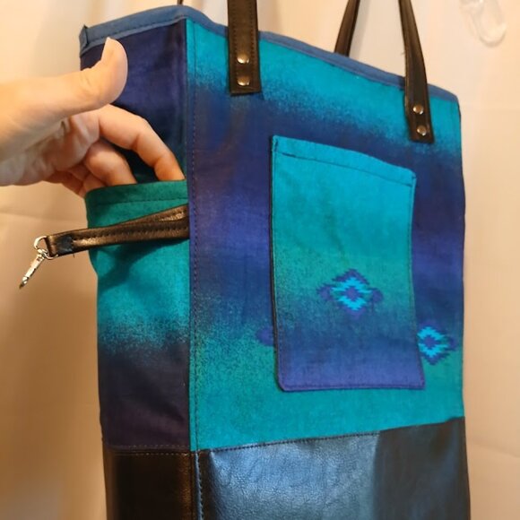 New Southwestern Sarape Tote Shopper shoulder Bag Blue Double handle Carryall